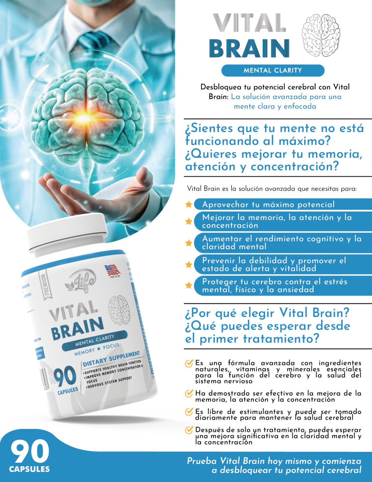 Vital Brain (Vitamina para el Cerebro, Enfoque, Concentración y Memoria)
